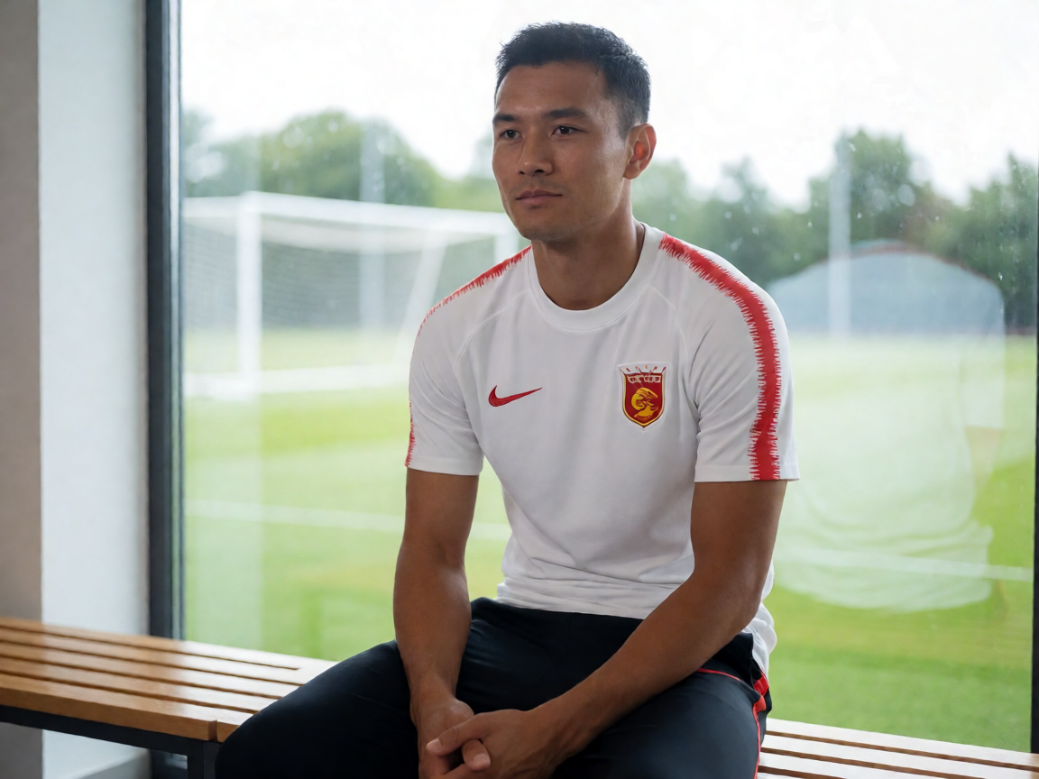 足球运动员在训练结束后接受媒体采访，身后是训练场与球门